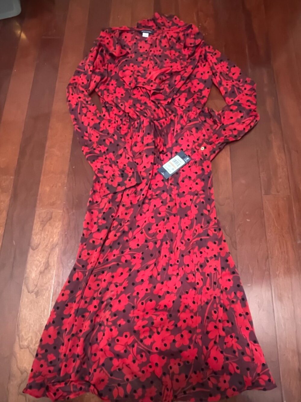 Tommy Hilfiger Red Floral Flocked Dot Wrap Midi Dress NWT Size 2 - Picture 4 of 10